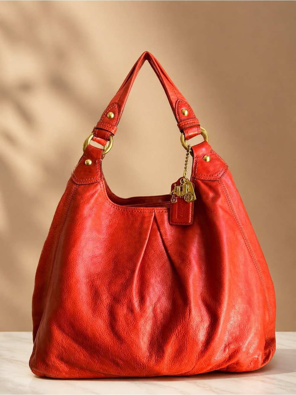 Coach Red Leather Shoulder Hobo with Gold Hardware